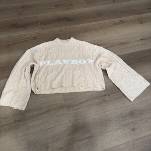 Playboy x Misguided Cropped Sweater Baggy Flared Sleeve Cable Knit Chunky Beige